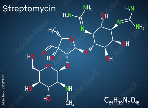 Streptomycin, C21H39N7O12 molecule. It is an aminoglycoside antibiotic. Structural chemical formula on the dark blue background