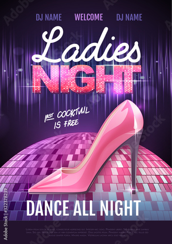 Disco ball background. Disco party poster ladies night. Womens day party