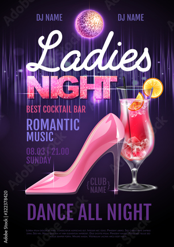 Disco ball background. Disco party poster ladies night. Womens day party