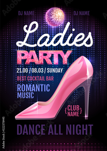 Disco ball background. Disco ladies party poster. Womens day party