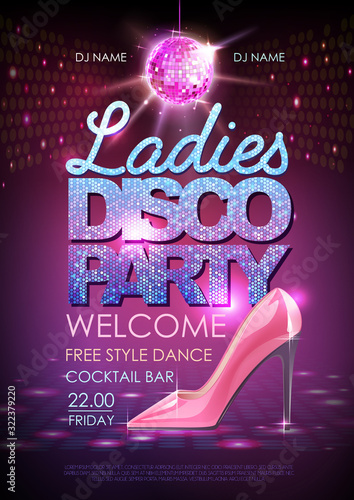 Disco ball background. Disco ladies party poster. Womens day party