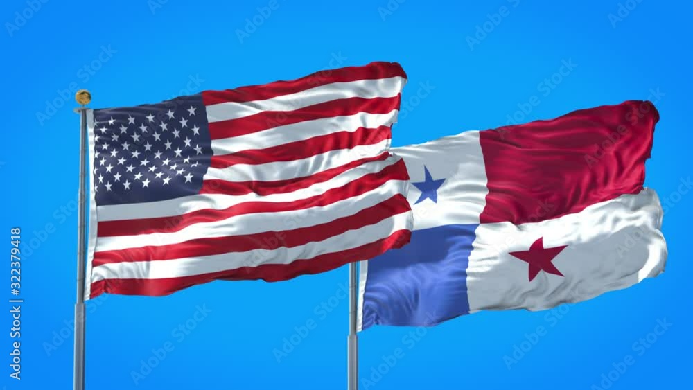 Panama and United States flag waving in deep blue sky together. High Definition 3D Render. Panama and United States flag waving in deep blue sky together. High Definition 3D Render.
