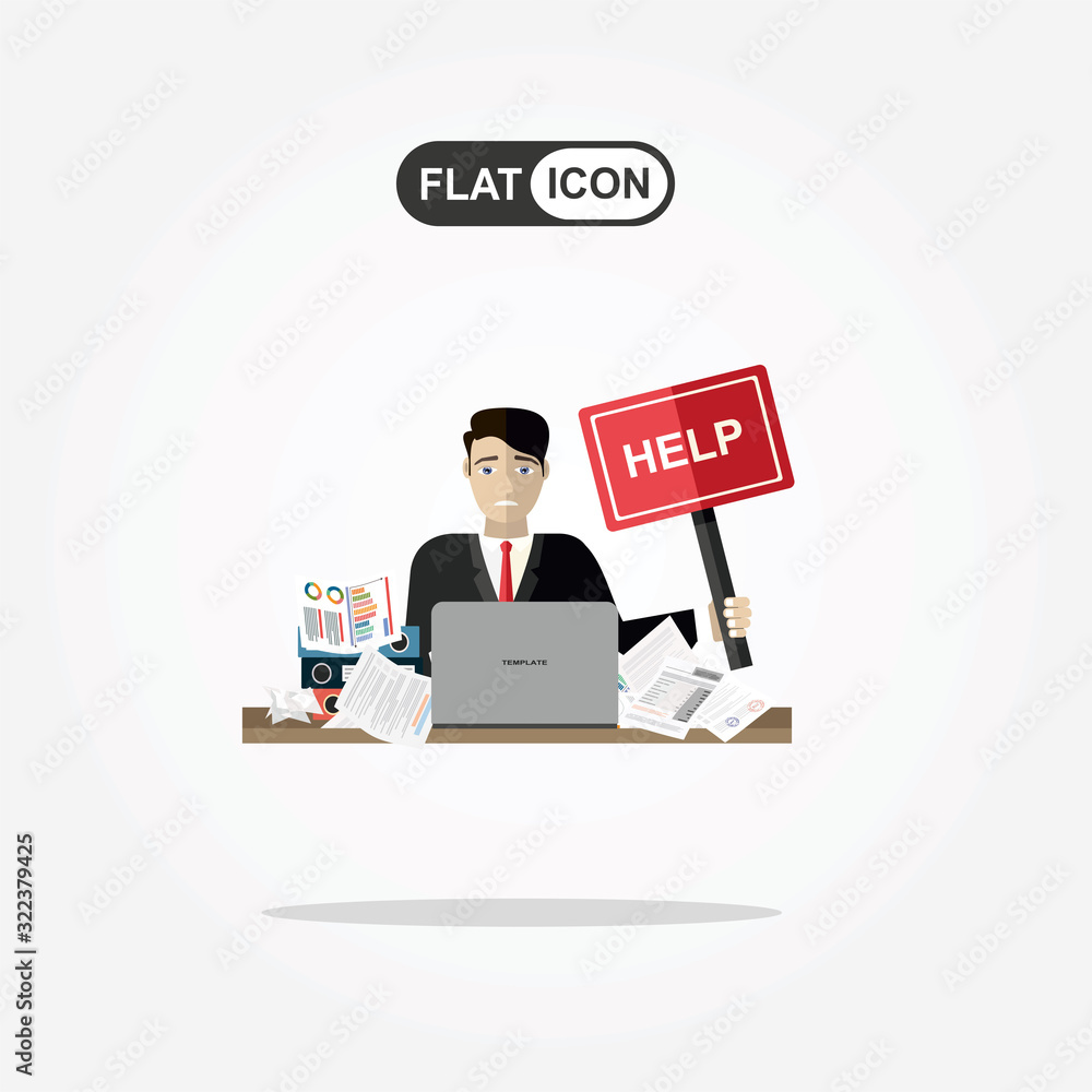 Business man needs help under a lot of documents in office at the desk and holding a HELP placard. Business man needs help under a lot of documents in office at the desk and holding a HELP placard.