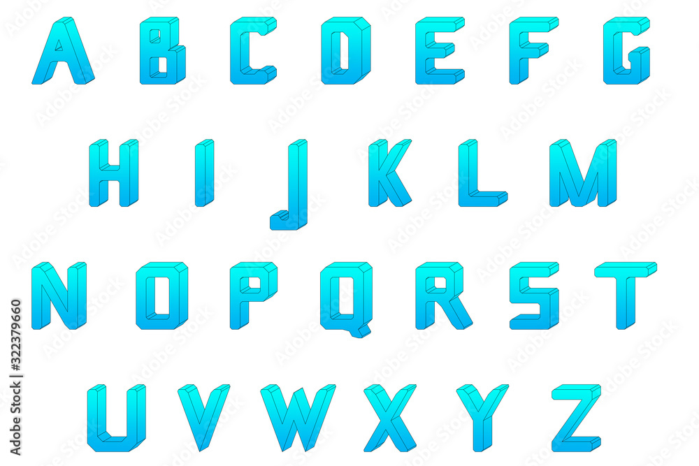 English alphabet, geometric letters with a blue-blue gradient. English alphabet, geometric letters with a blue-blue gradient.