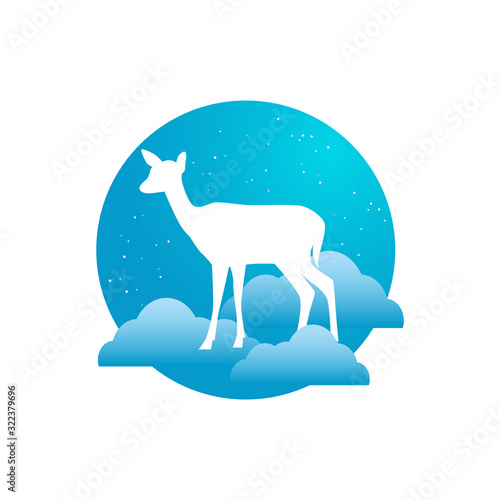 Vector silhouette of deer or doe flat Illustration on a gradient sky blue backgroud with constellation of stars, clouds in round form. Used for logo, mobile app icon (UI/UX) or templates for web © AlyceStrogaya