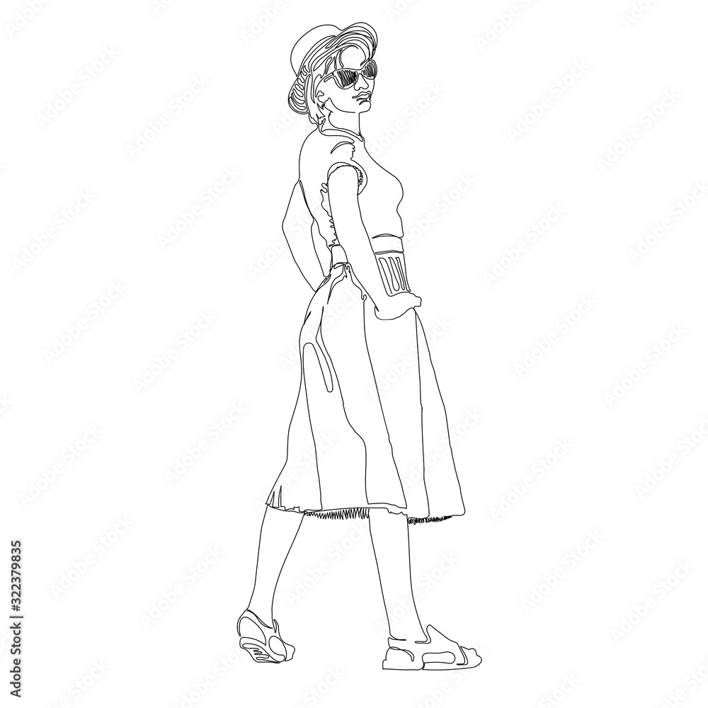 A continuous line drawing of a slender girl in a straw hat, sunglasses from the sun in a summer sundress and sandals. Full length young woman. One line.