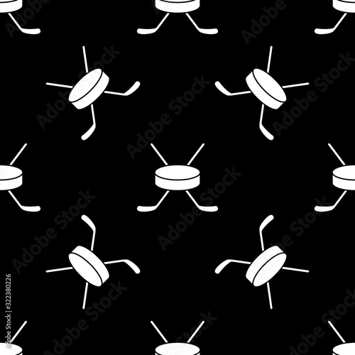 Vector illustration of hockey. Stick and puck. Seamless pattern background. White silhouette on black