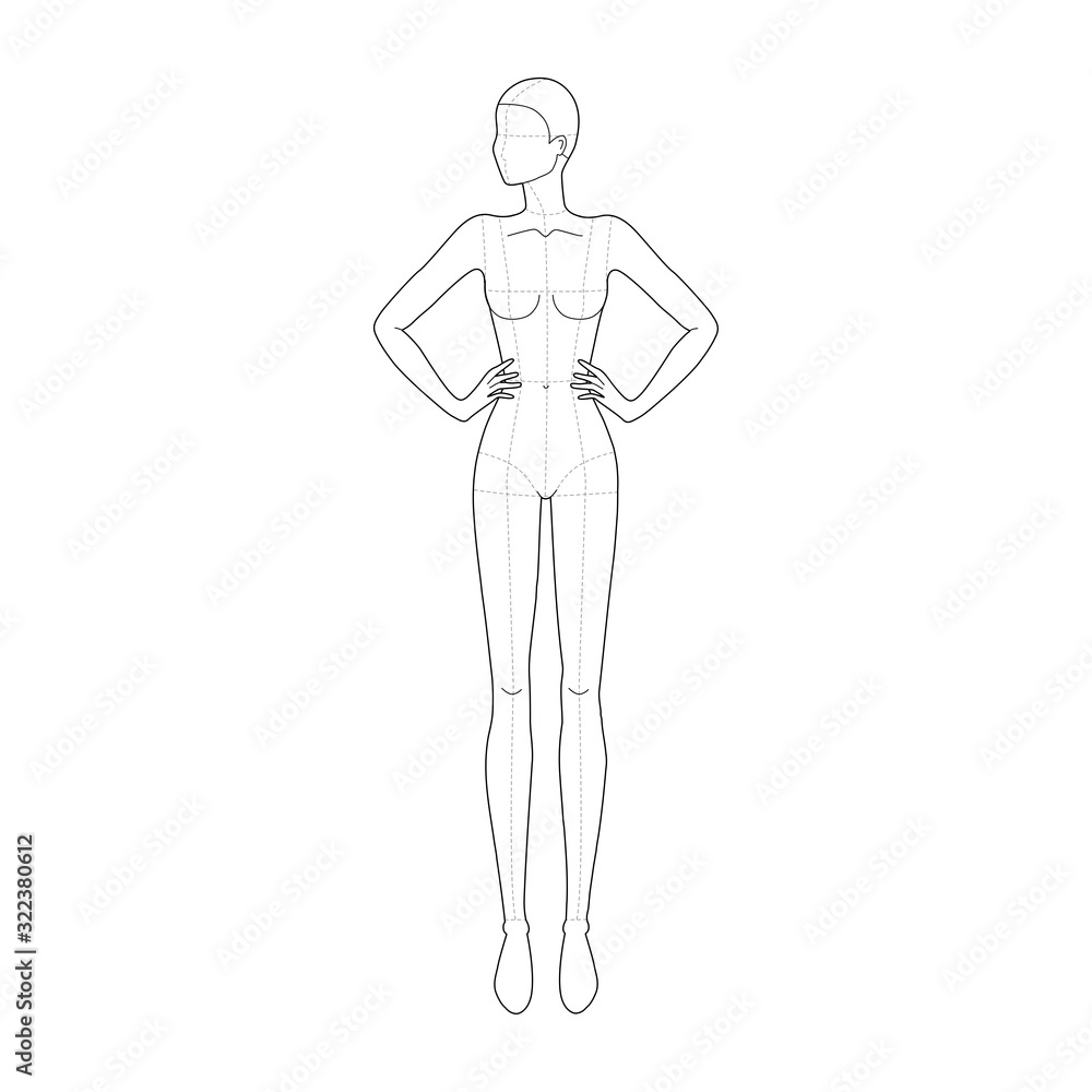 Fashion template 9 head for technical drawing with main lines. Fashion template 9 head for technical drawing with main lines.