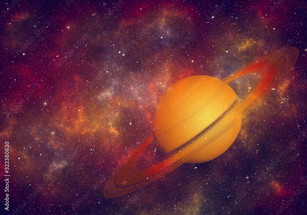 Planet Saturn in night sky with nebula and stars
