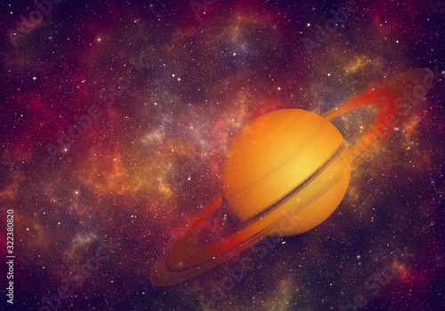 Planet Saturn in night sky with nebula and stars