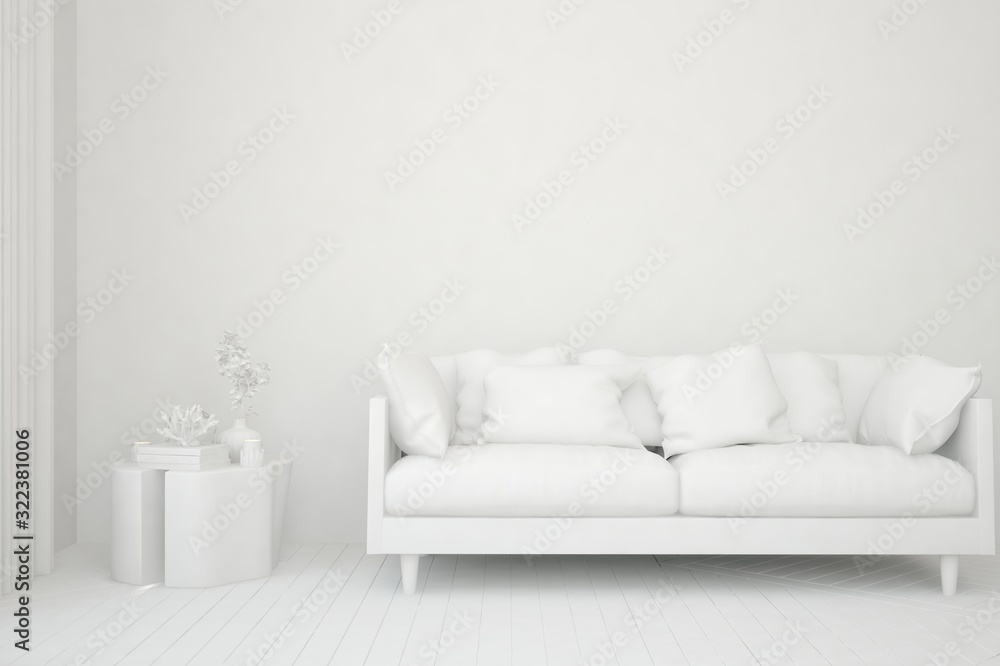 Mock up of stylish room in white color with sofa. Scandinavian interior design. 3D illustration Mock up of stylish room in white color with sofa. Scandinavian interior design. 3D illustration
