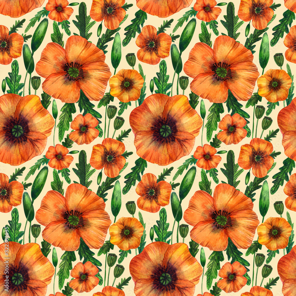 Seamless watercolor pattern with pink and orange poppies and green leaves on a beige background. Vintage style. Great floral pattern for wrapping paper, fabrics, invitations.