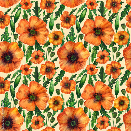 Seamless watercolor pattern with pink and orange poppies and green leaves on a beige background. Vintage style. Great floral pattern for wrapping paper  fabrics  invitations.