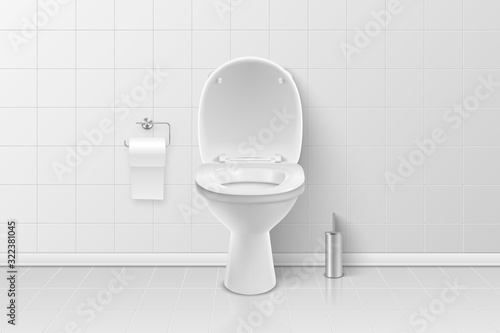 Vector 3d Realistic White Ceramic Toilet, Brush and Toilet Paper in the Bathroom, Toilet Room. Opened Toilet Bowl with Lid. Plumbing, Mockup, Design Template for Interior, Cleaning, Hygiene Concept