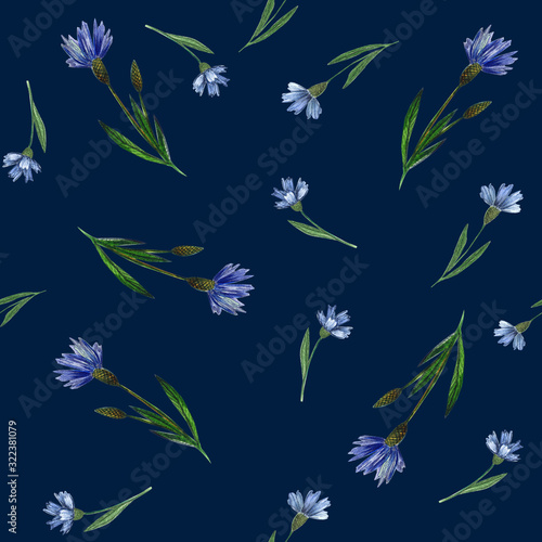 Seamless watercolor pattern with blue cornflowers and green foliage on dark blue background. Vintage style. Centaurea floral pattern for wrapping paper  fabrics  invitations.