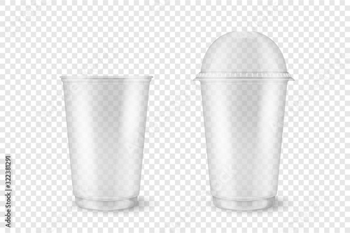 Vector Realistic 3d Empty Clear Plastic Opened, Closed Disposable Cup Set Closeup Isolated on Transparent Background. Design Template of Packaging Mockup for Graphics - Milkshake, Tea, Juice, Lemonade