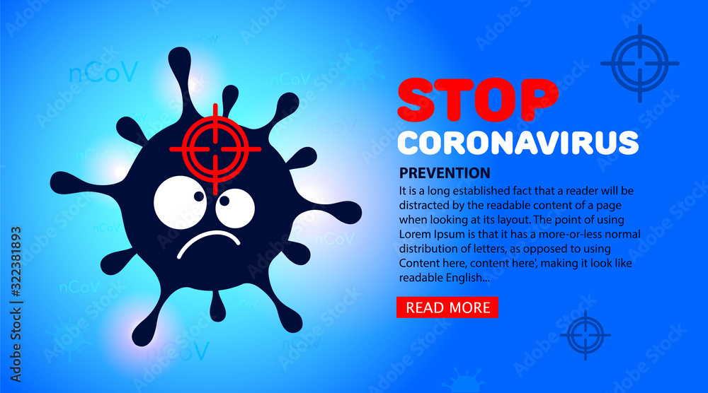 Web banner Stop Coronavirus, virus prevention. Cartoon symbol of virus, microbe, bacterium icon and target aiming target on a blue background. Vector illustration