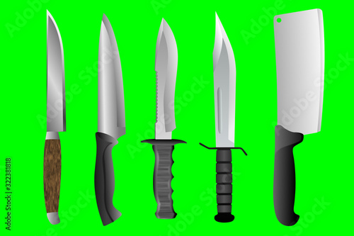 Set of 5 Different Types of Knives on Chroma Key Green Screen Background