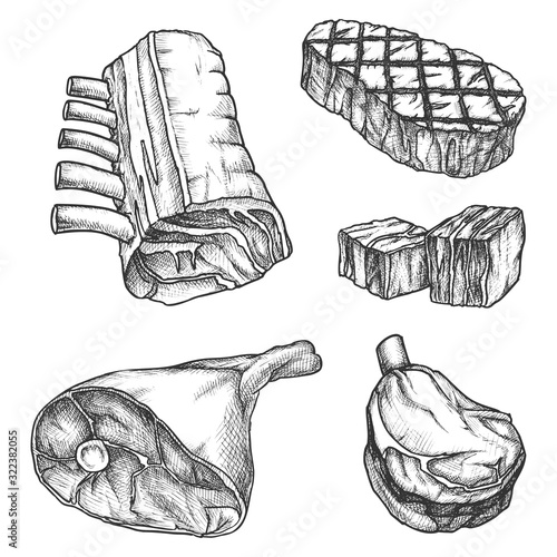 Sketch meat, bbq beef steak, grill ribs and bacon
