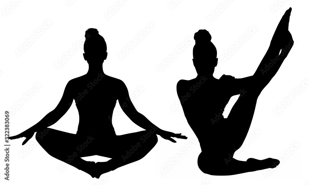 Collage of black silhouettes of woman doing yoga exercise. Collage of black silhouettes of woman doing yoga exercise.
