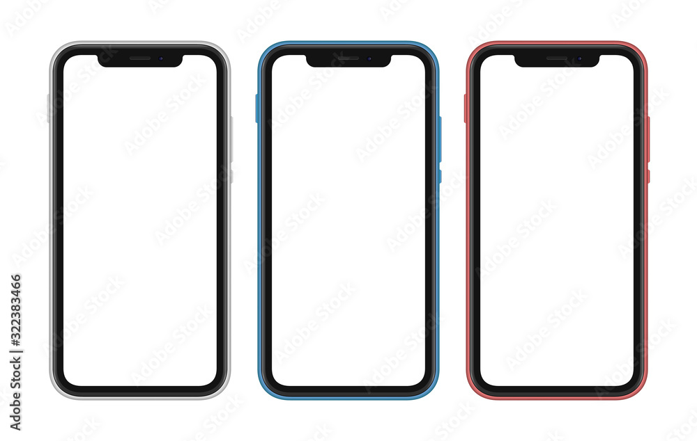 Set of three differently colored smartphones with white blank screens. Set of three differently colored smartphones with white blank screens.