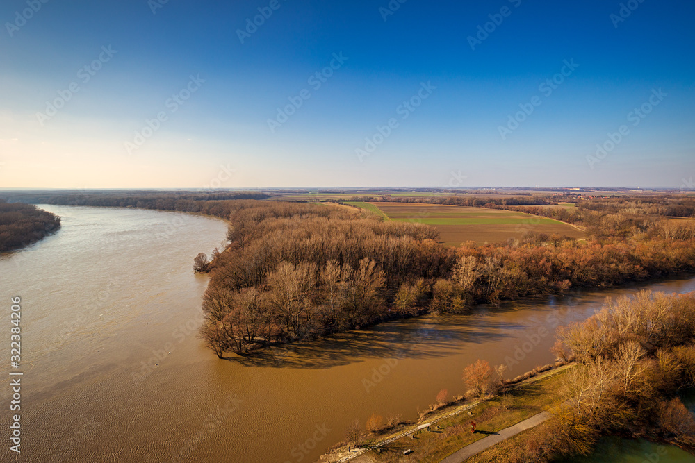 The confluence of the rivers Danube and Morava near Bratislava, Slovakia, Europe.