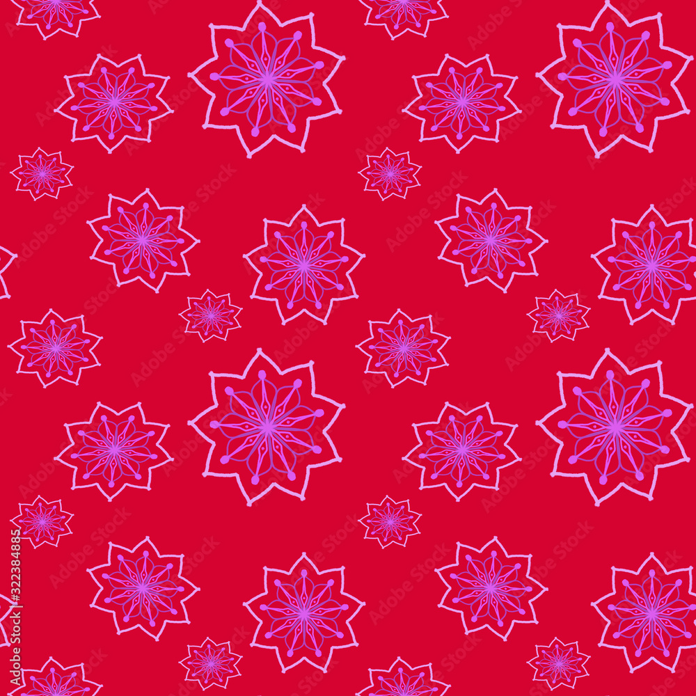 Seamless repeat pattern with pink flowers on red background. drawn fabric, gift wrap, wall art design, wrapping paper, background, fabric print, web page backdrop. Seamless repeat pattern with pink flowers on red background. drawn fabric, gift wrap, wall art design, wrapping paper, background, fabric print, web page backdrop.