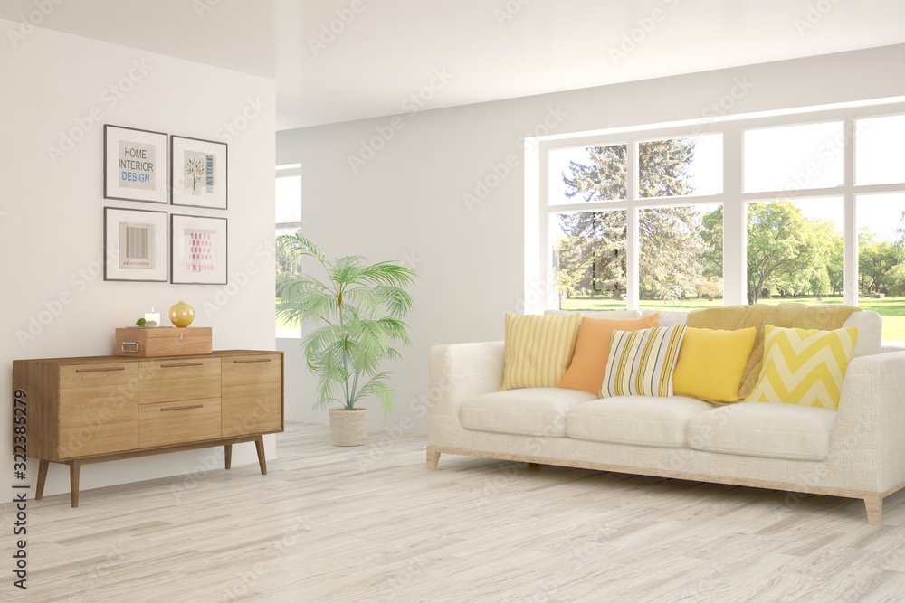 Fototapeta premium Stylish room in white color with sofa and summer landscape in window. Scandinavian interior design. 3D illustration