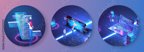 Programmer at work concept banner. Software, web development, programming concept. Computer animation designer. Web development, motion graphic design.Technology process of Software development.People