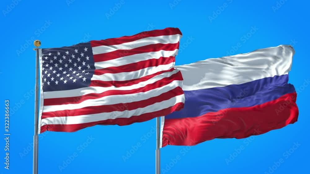 Russia and United States flag waving in deep blue sky together. High Definition 3D Render. Russia and United States flag waving in deep blue sky together. High Definition 3D Render.
