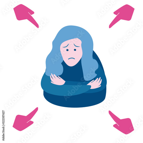 Sad or depressed young woman surrounded by hands with index fingers pointing at her. Concept of quilt, accusation, public censure and victim blaming. Flat cartoon colorful vector illustration.