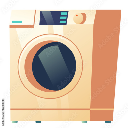 Washing machine front view isolated on white background, modern laundry equipment for wash dirty clothes, electrical device for household duties, design element, cartoon vector illustration, clip art