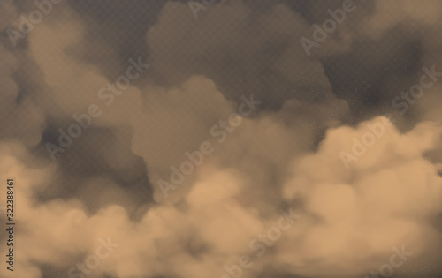 Brown dust clouds of flying sand and soil. Grunge texture of dirty smog or sandstorm isolated on transparent background. Vector realistic fog effect with dusty powder