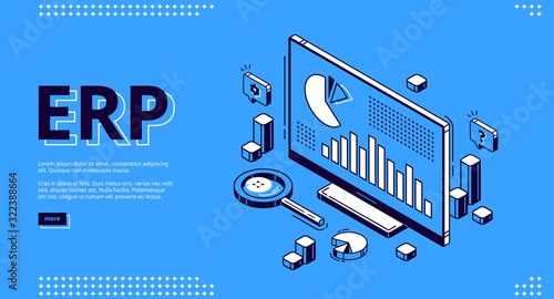 ERP, enterprise resource planning isometric landing page. Productivity and improvement system, data analysis charts on pc monitor, business integration 3d vector illustration, web banner, line art