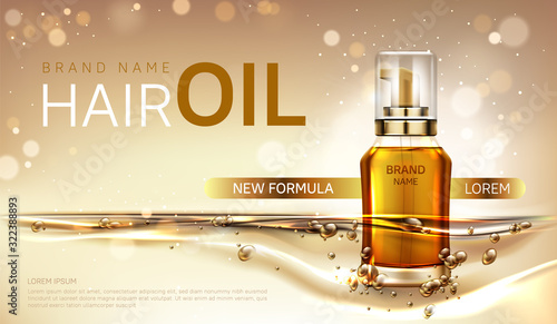 Hair oil cosmetics bottle mockup banner, pump tube with gold liquid on blurred background. New formula of beauty cosmetic treatment product advertising promo template for magazine, Realistic 3d vector