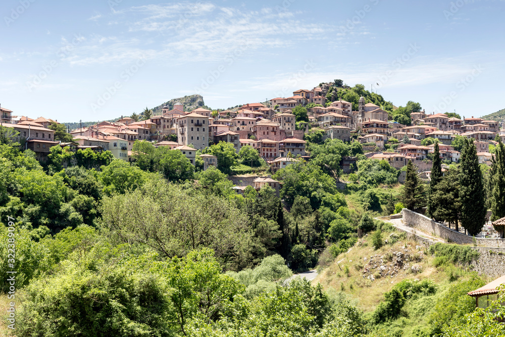 View of the village Dimitsana in the mountains on a sunny day (district Arcadia, Peloponnese, Greece).