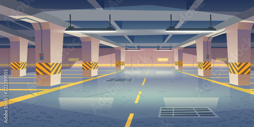 Underground car parking. Vector cartoon interior of empty basement garage with columns, road marking lots for automobiles and guiding arrows on wall. Car parking in mall or city house