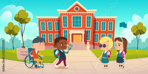 Disabled kids at school yard greeting each other and communicate. Multiracial handicapped children, boy on wheelchair, child with hand bionic prosthesis, blind girl study Cartoon vector illustration