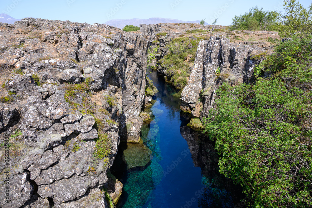 Silfra crack with clear crystal water in Thingvellir national park