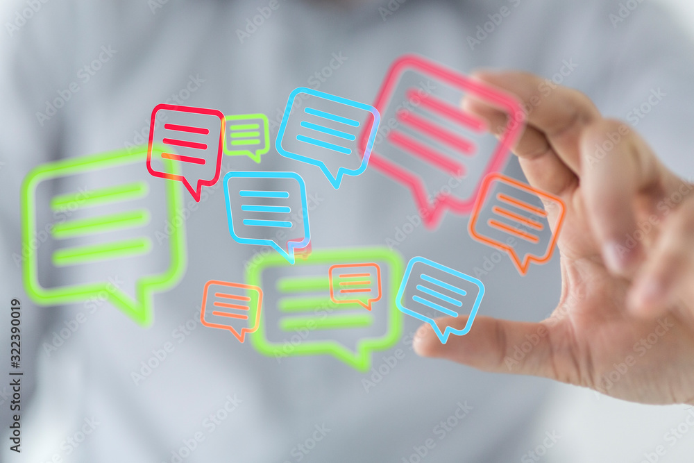 ilustration of a communication concept. The word communication with colorful dialog speech .