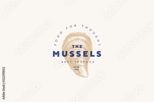 Hand-drawn mussel shell vector illustration. Logo template for a menu of a fish restaurant, market or seafood store. Emblem of delicacy in the engraving style on a light background.