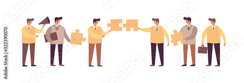 Businessmen assemble a common puzzle. The concept of teamwork, building a working system. Solving business problems and teamwork. Vector flat illustration.