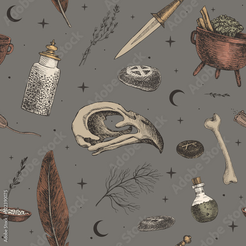Seamless pattern with magic background for witches and wizards. Mystical objects for witchcraft vector illustration. Skull of bird, banks with potion, feather, runes on stone. Wicca, pagan traditions.