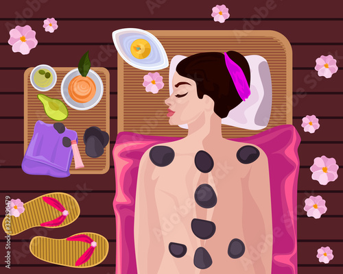 Body treatments by stones and Thai massage at a Hawaii hotel. Vector illustration