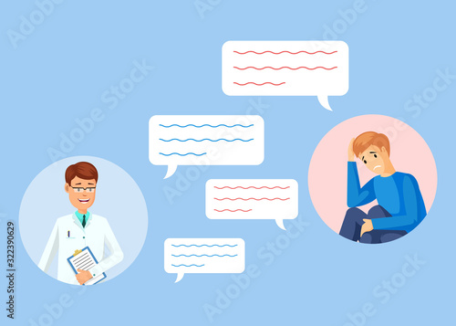 Doctor and patient characters in round-shaped frames exchanging messages flat vector concept.