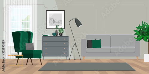 Contemporary living room interior with emerald green armchair, commode and couch