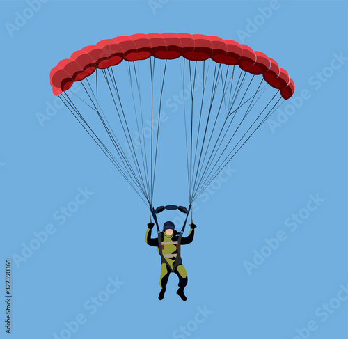 Parachutist in flight against the sky vector isolated silhouette illustration, airdrop soldier man in air jump, skydiver, military air desant