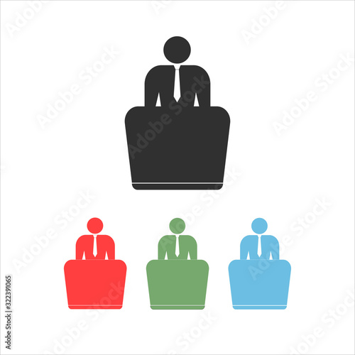 The speaker is behind the podium. The speaker reports to the public. Presentation and presentation to the audience. Rhetoric. Speaker, lecturer, business seminar. Vector. Badge.
