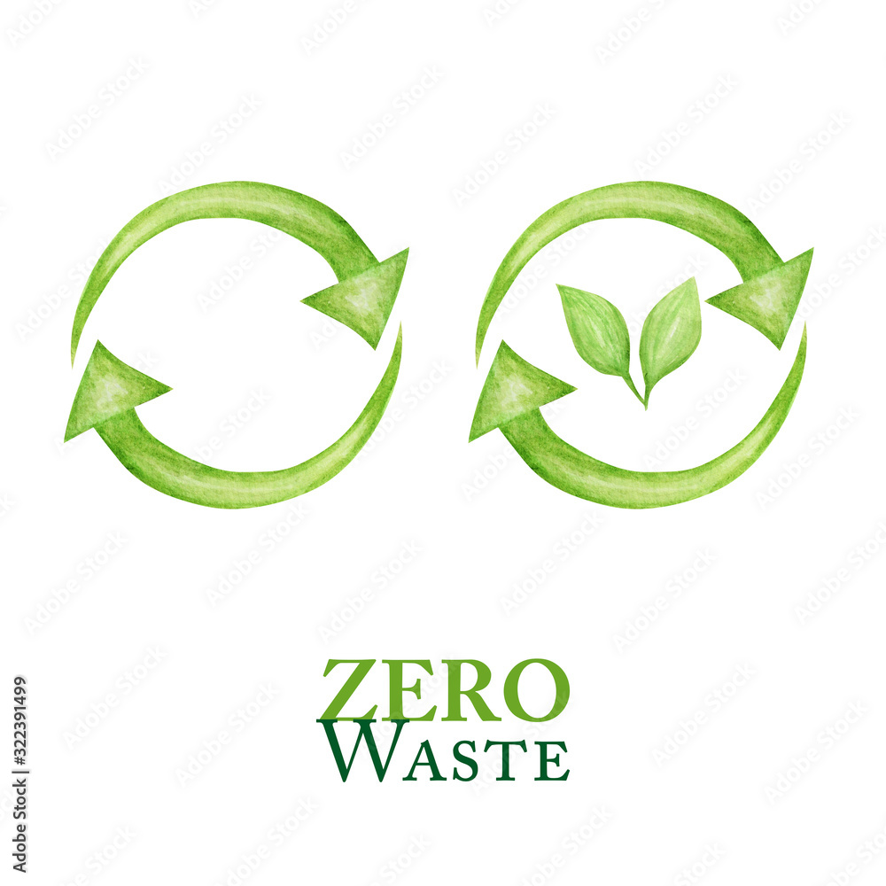 Green Recycled cycle arrows icon and green leaves set. Watercolor hand drawn illustration isolated on white background. Recycled eco zero waste lifestyle Ecological design Recycle Reuse Reduce concept Green Recycled cycle arrows icon and green leaves set. Watercolor hand drawn illustration isolated on white background. Recycled eco zero waste lifestyle Ecological design Recycle Reuse Reduce concept