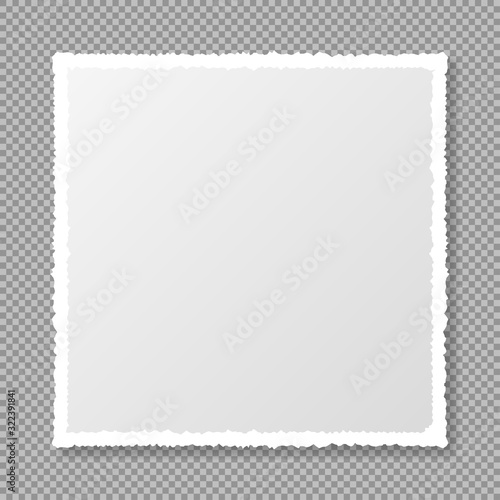 Piece of torn, white realistic square paper strip with soft shadow is on squared transparent background. Your text here. Torn paper. Vector